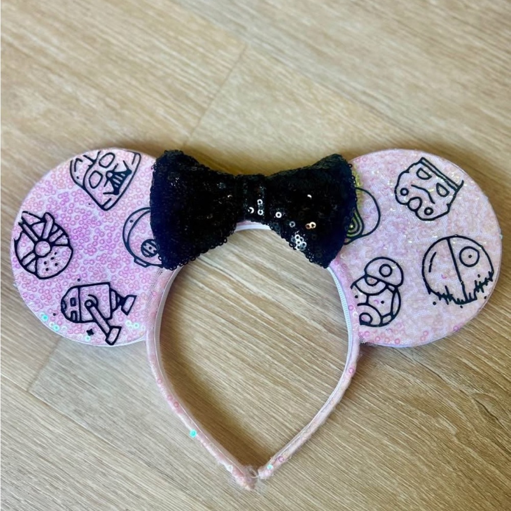 Star Wars Pink Sequin Custom Handmade Mouse Ears Headband with Black Bow